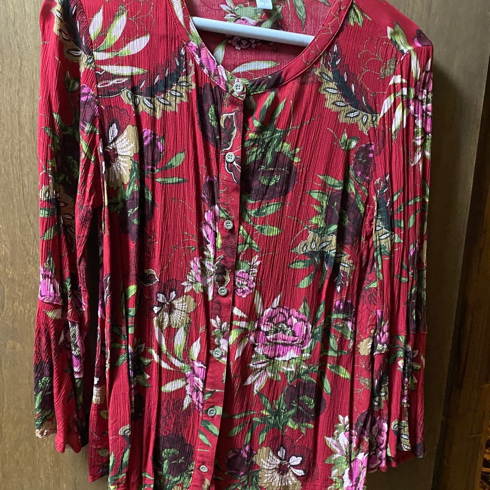 JJill tunic, burgundy, black, cream, long sleeve, rayon, small